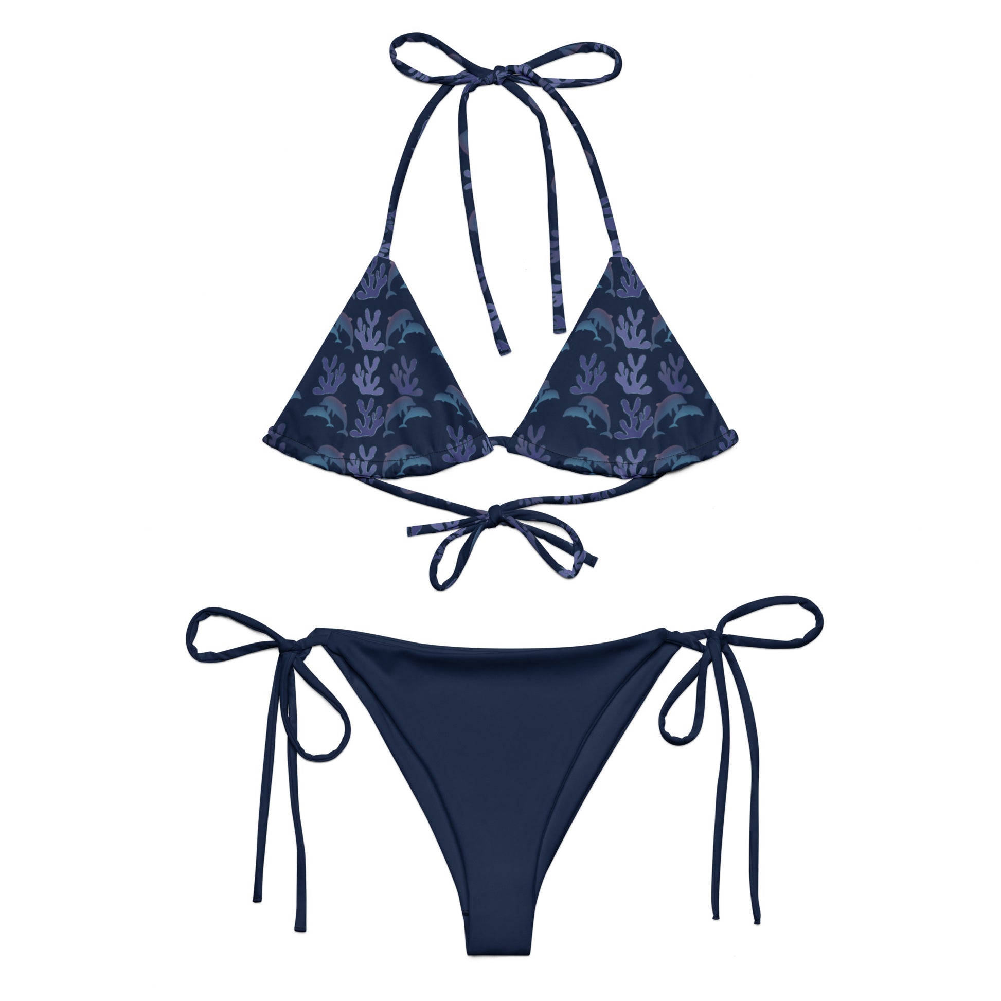 coral reef dolphins string bikini in navy