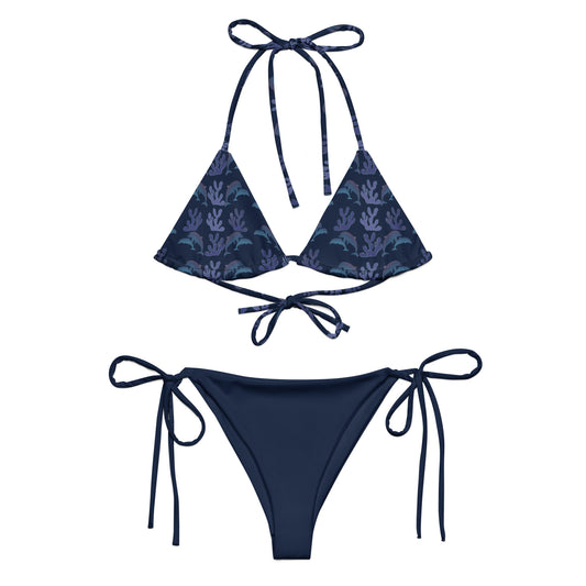 coral reef dolphins string bikini in navy