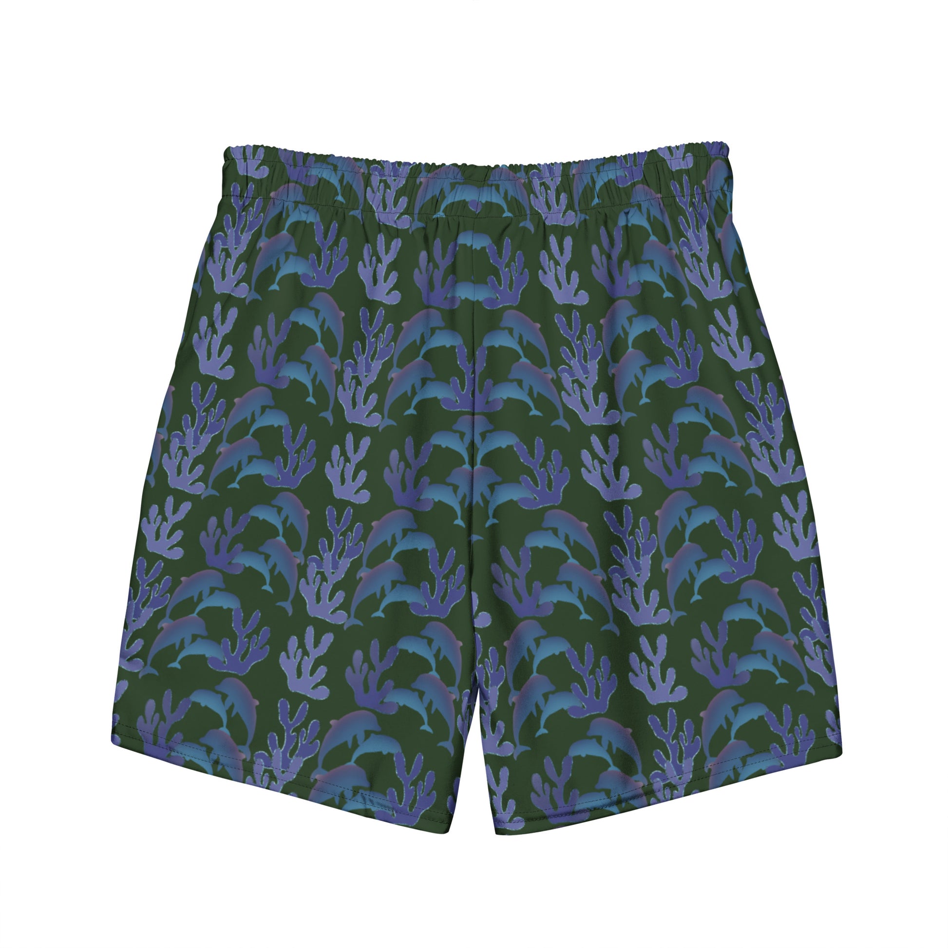 coral reef dolphins swim trunks in green