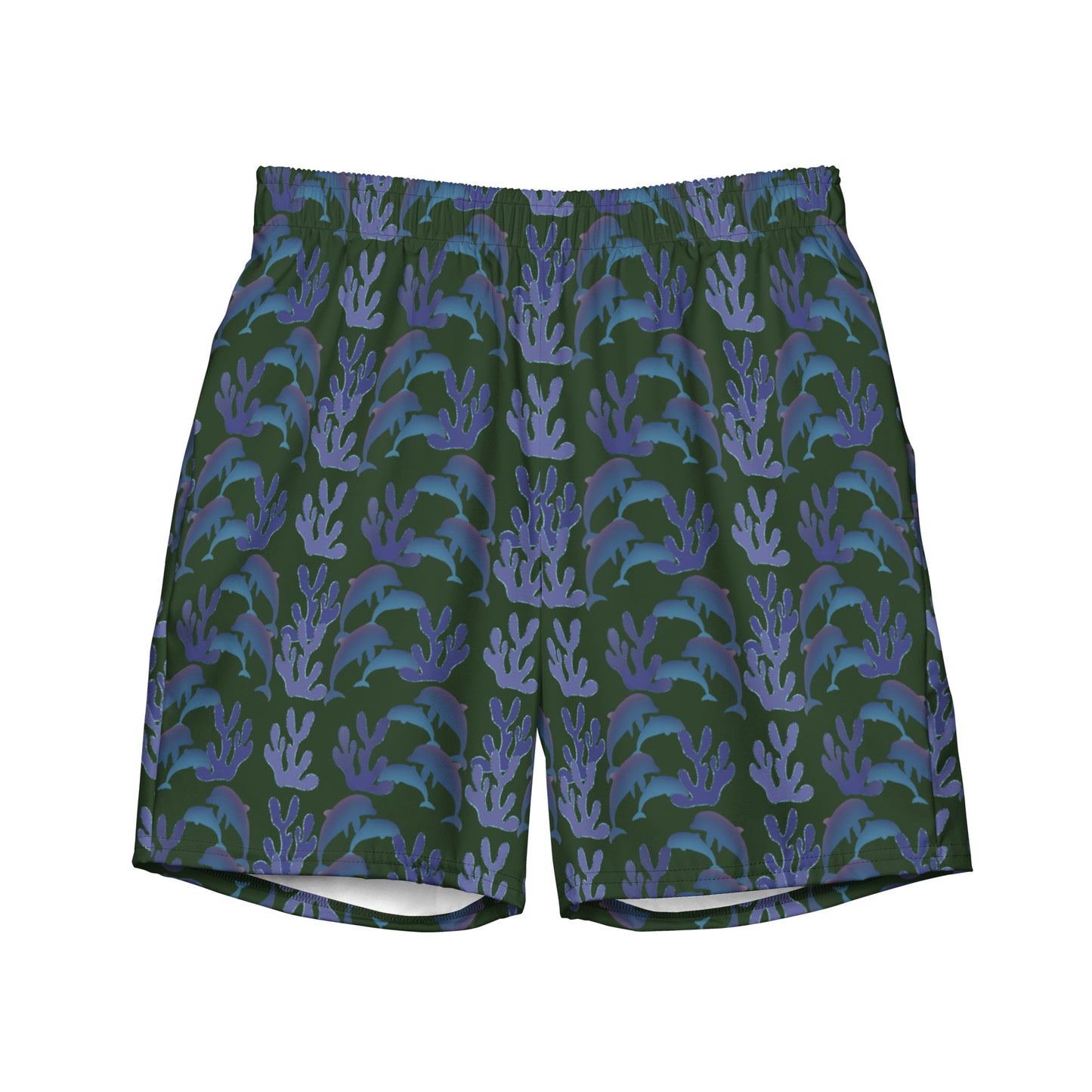 coral reef dolphins swim trunks in green