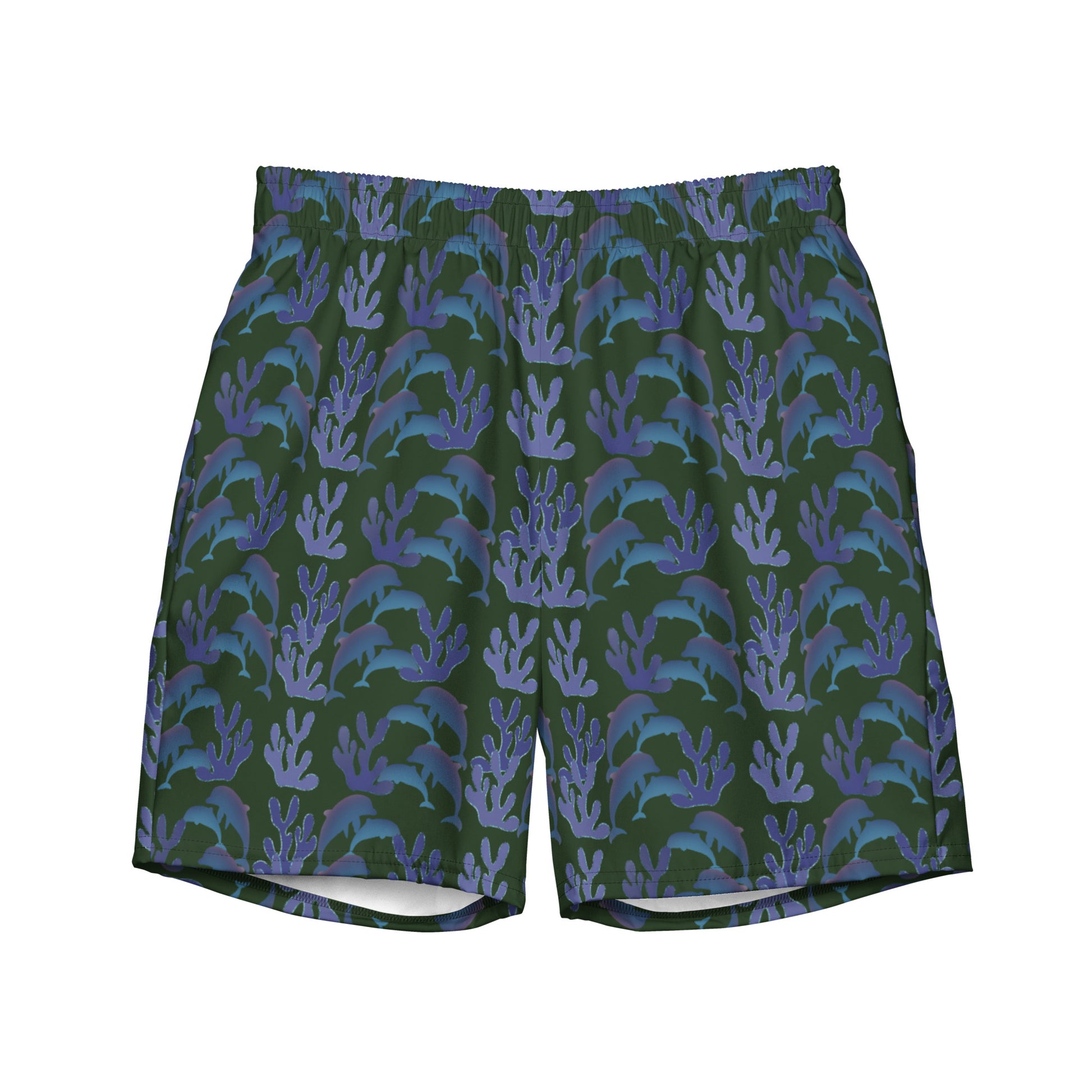 coral reef dolphins swim trunks in green