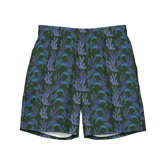 coral reef dolphins swim trunks in green