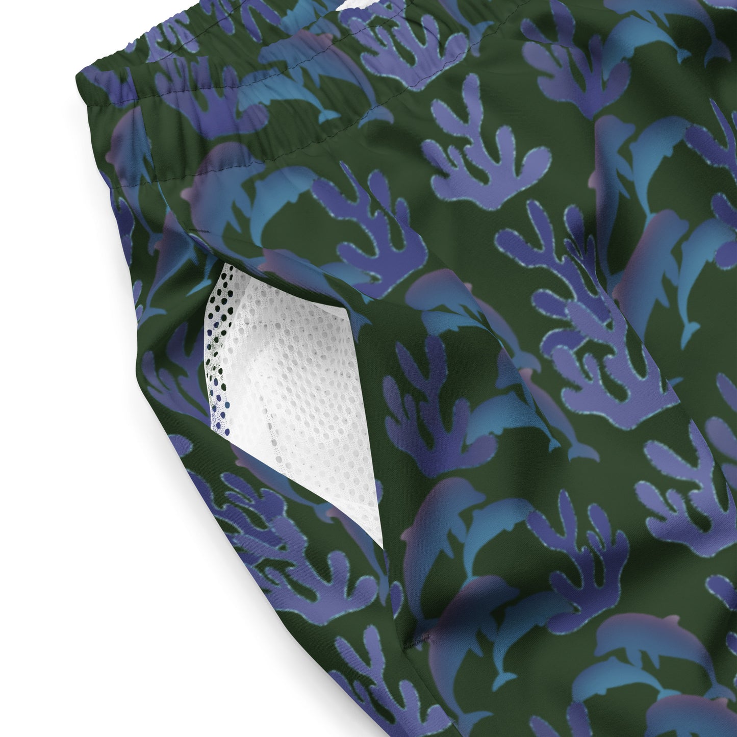 coral reef dolphins swim trunks in green