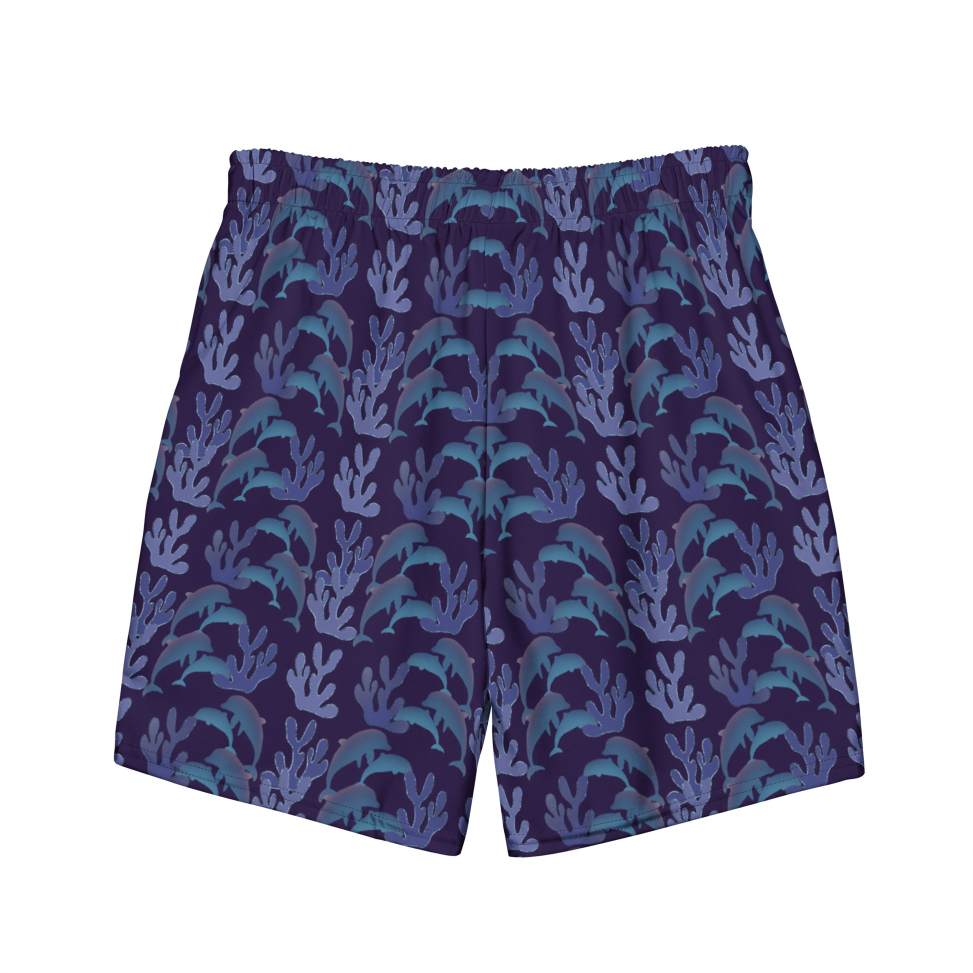 coral reef dolphins swim trunks in purple