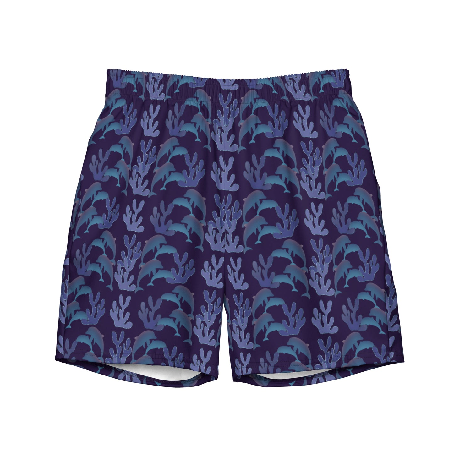 coral reef dolphins swim trunks in purple