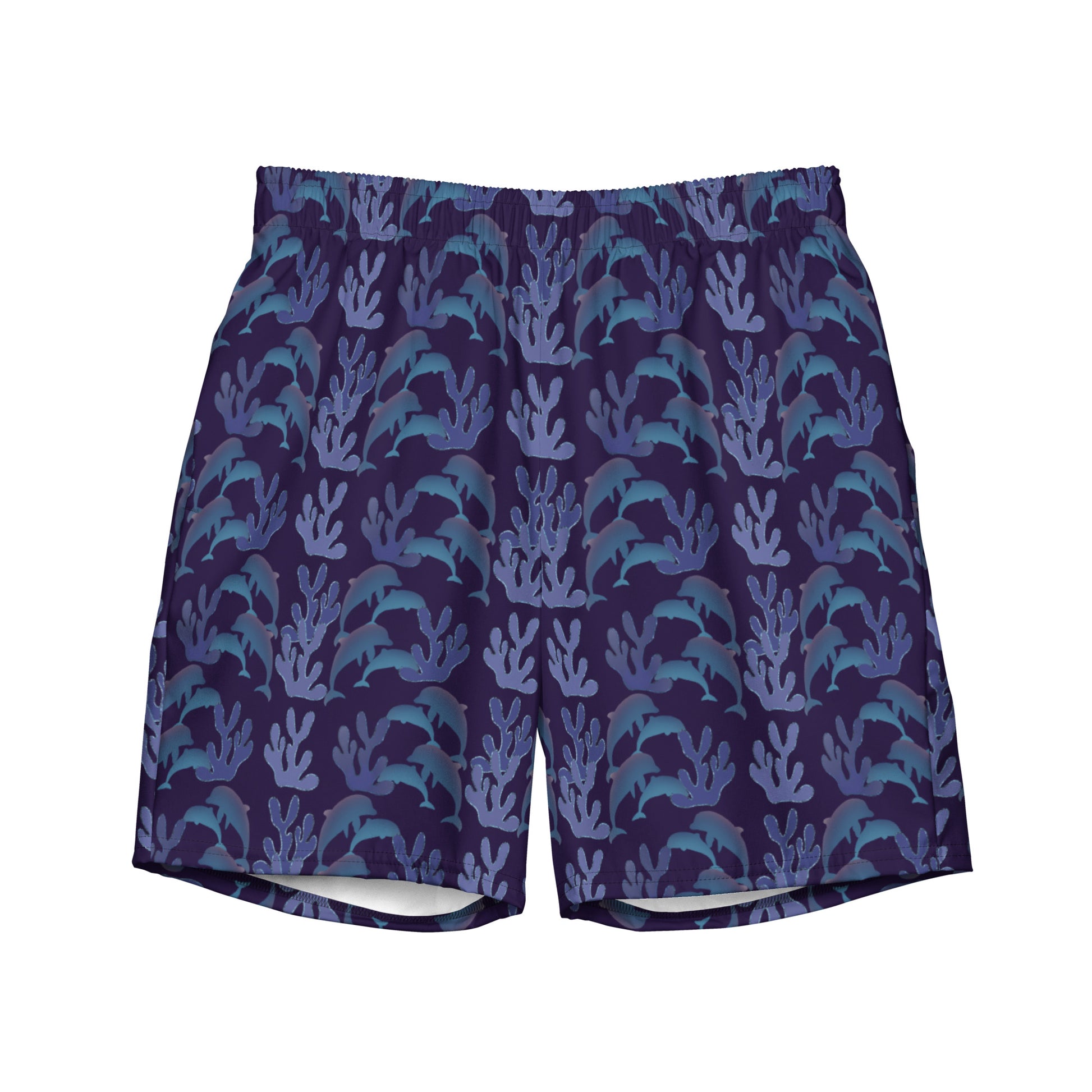 coral reef dolphins swim trunks in purple