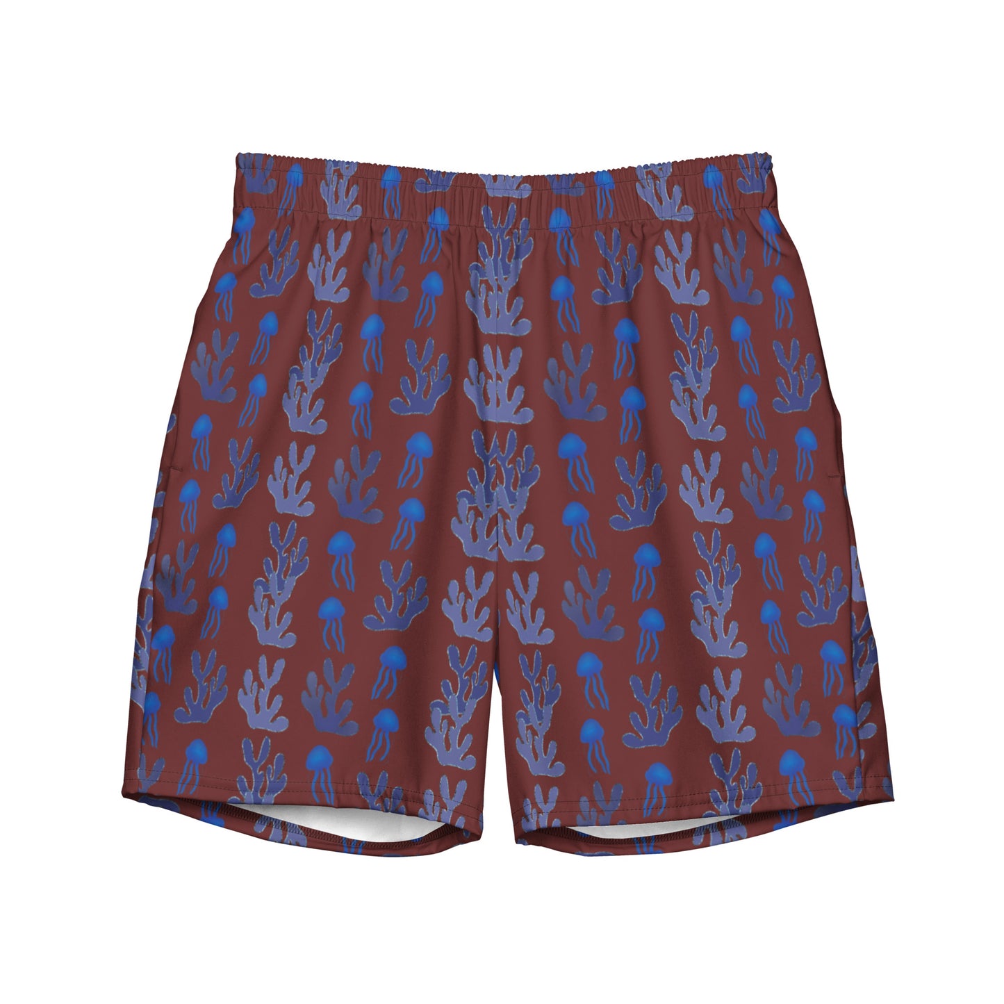 coral reef jelly fish swim trunks in burgundy