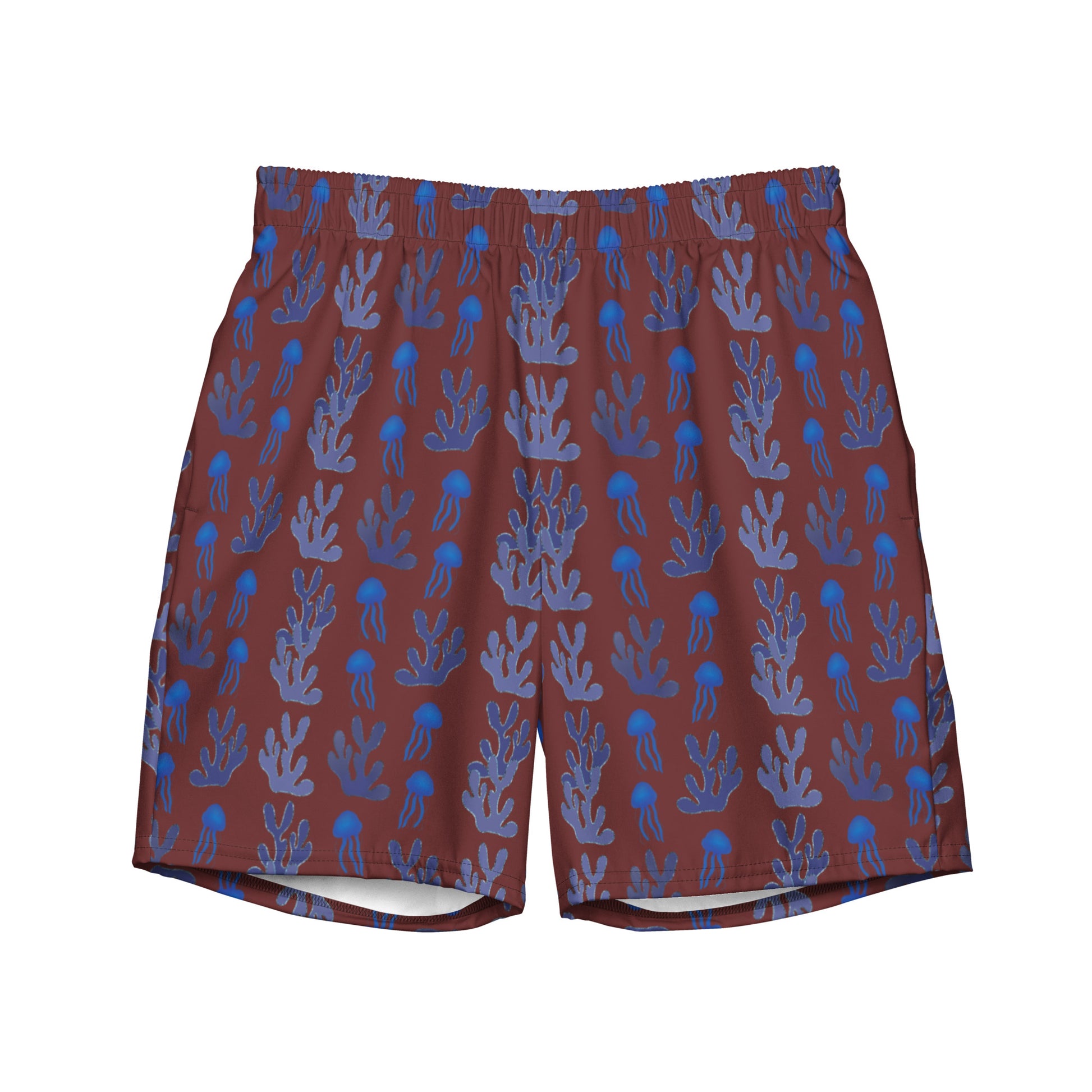 coral reef jelly fish swim trunks in burgundy