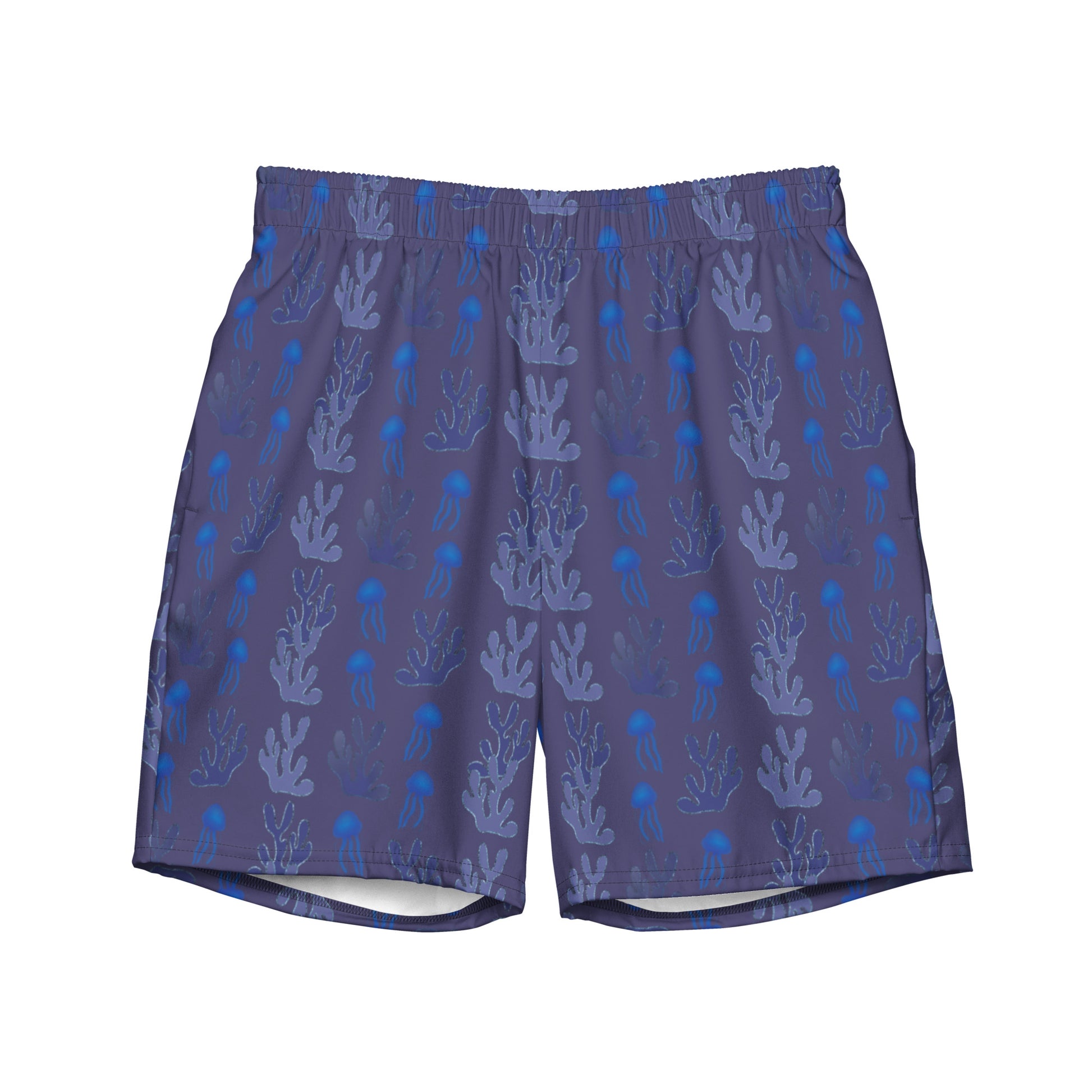 coral reef jelly fish swim trunks in purple blue