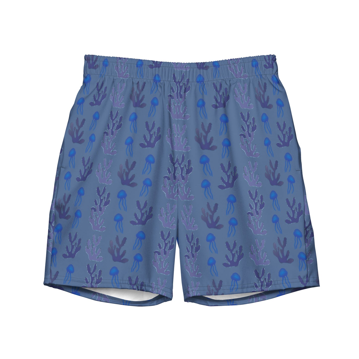 coral reef jelly fish swim trunks in slate blue