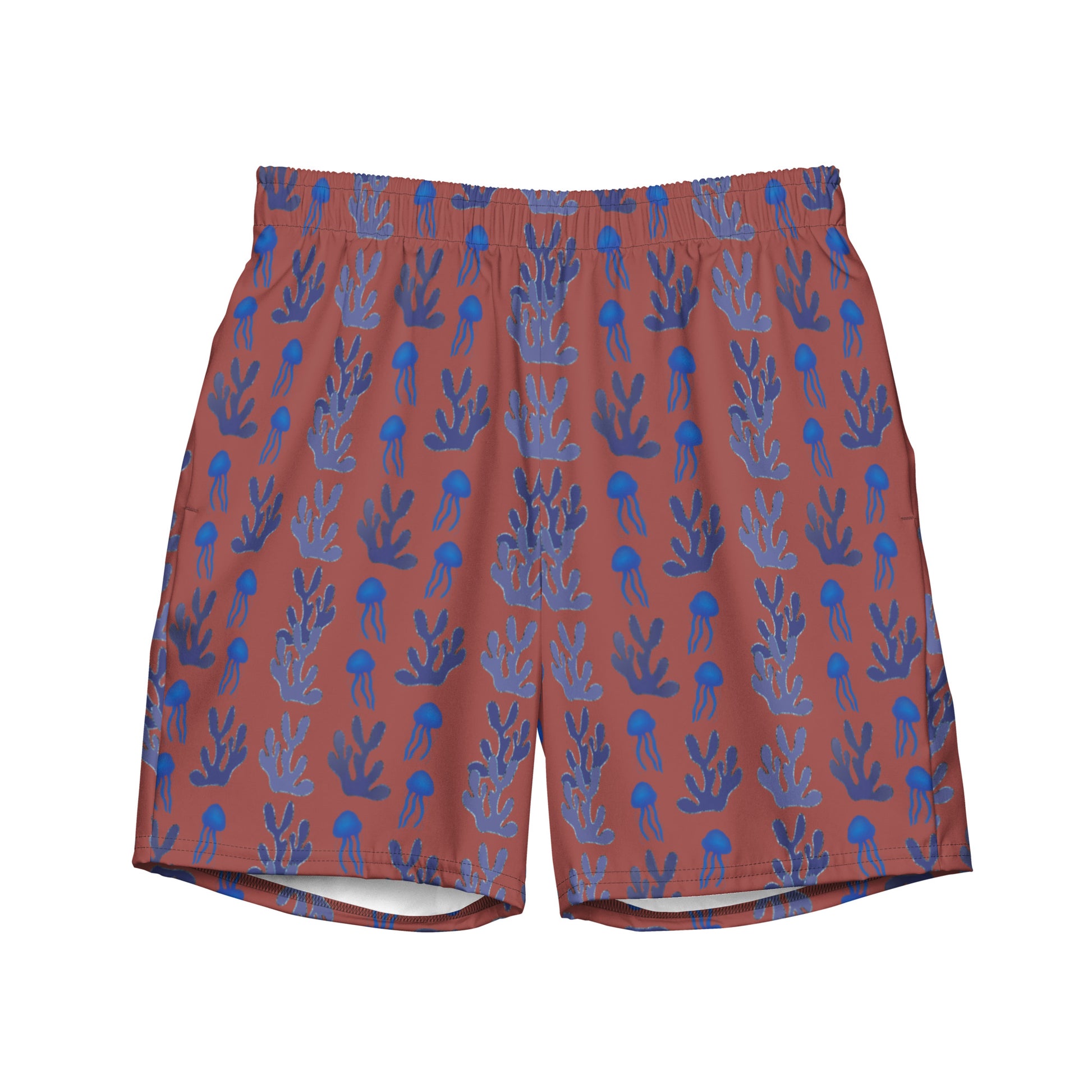 coral reef jelly fish swim trunks in terracotta