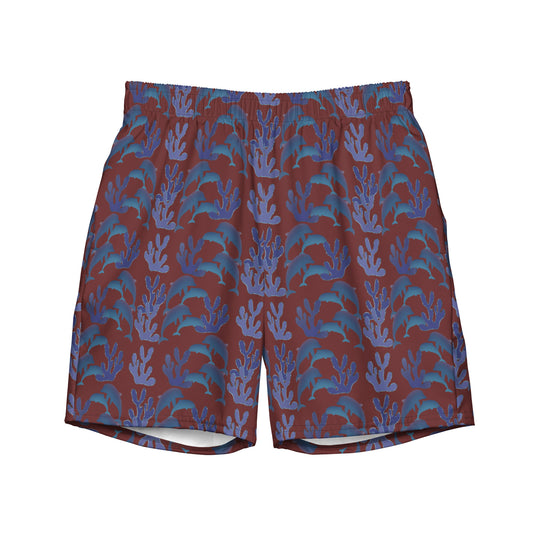 coral reef swim trunks in burgundy