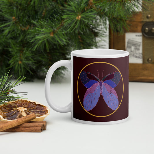White ceramic mug with an enchanted butterfly with a gold ring on dark background 