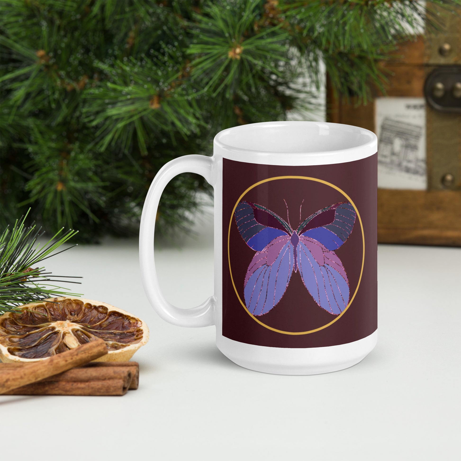 White ceramic mug with an enchanted butterfly with a gold ring on dark background 
