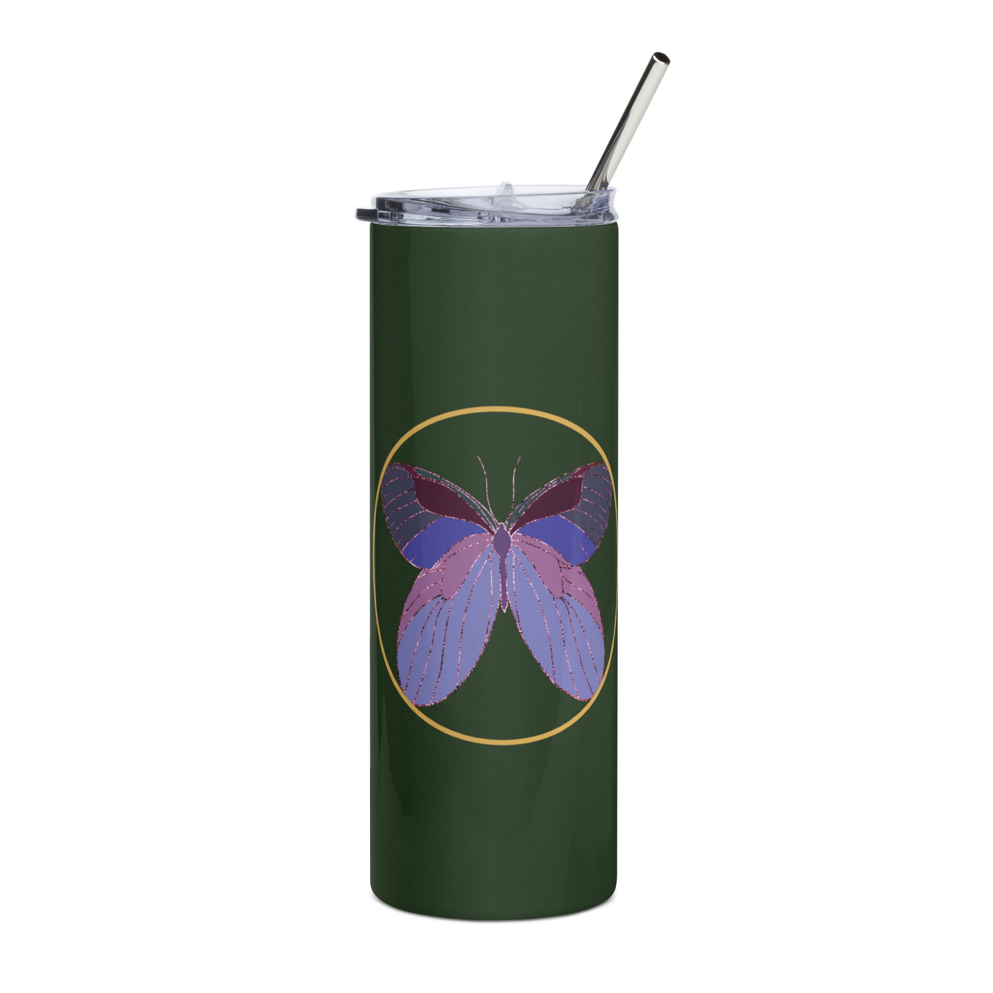 Enchanted Butterfly Art Stainless Steel Tumbler Cup on forest green. Makes an ideal gift for earth day, birthdays, Christmas, Valentine’s Day, Thanksgiving, favourite teacher and Mother’s Day.
