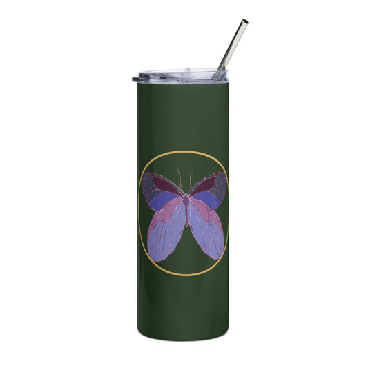 Enchanted Butterfly Art Stainless Steel Tumbler Cup on forest green. Makes an ideal gift for earth day, birthdays, Christmas, Valentine’s Day, Thanksgiving, favourite teacher and Mother’s Day.