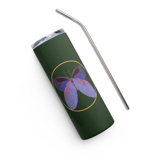 Enchanted Butterfly Art Stainless Steel Tumbler Cup on forest green. Makes an ideal gift for earth day, birthdays, Christmas, Valentine’s Day, Thanksgiving, favourite teacher and Mother’s Day.