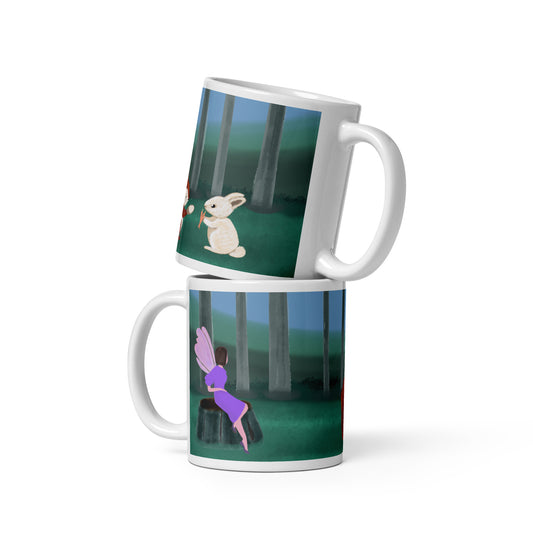 Forest Animals Adventure 1 Ceramic Mug featuring a forest scene with a white rabbit and a fairy. Perfect gift for earth day, housewarmings, birthdays, Valentines, Thanksgiving, Christmas, Father’s Day and Mother’s Day.