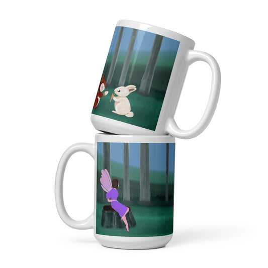 Forest Animals Adventure 1 Ceramic Mug featuring a fox, rabbit, and fairy in a forest setting on white ceramic