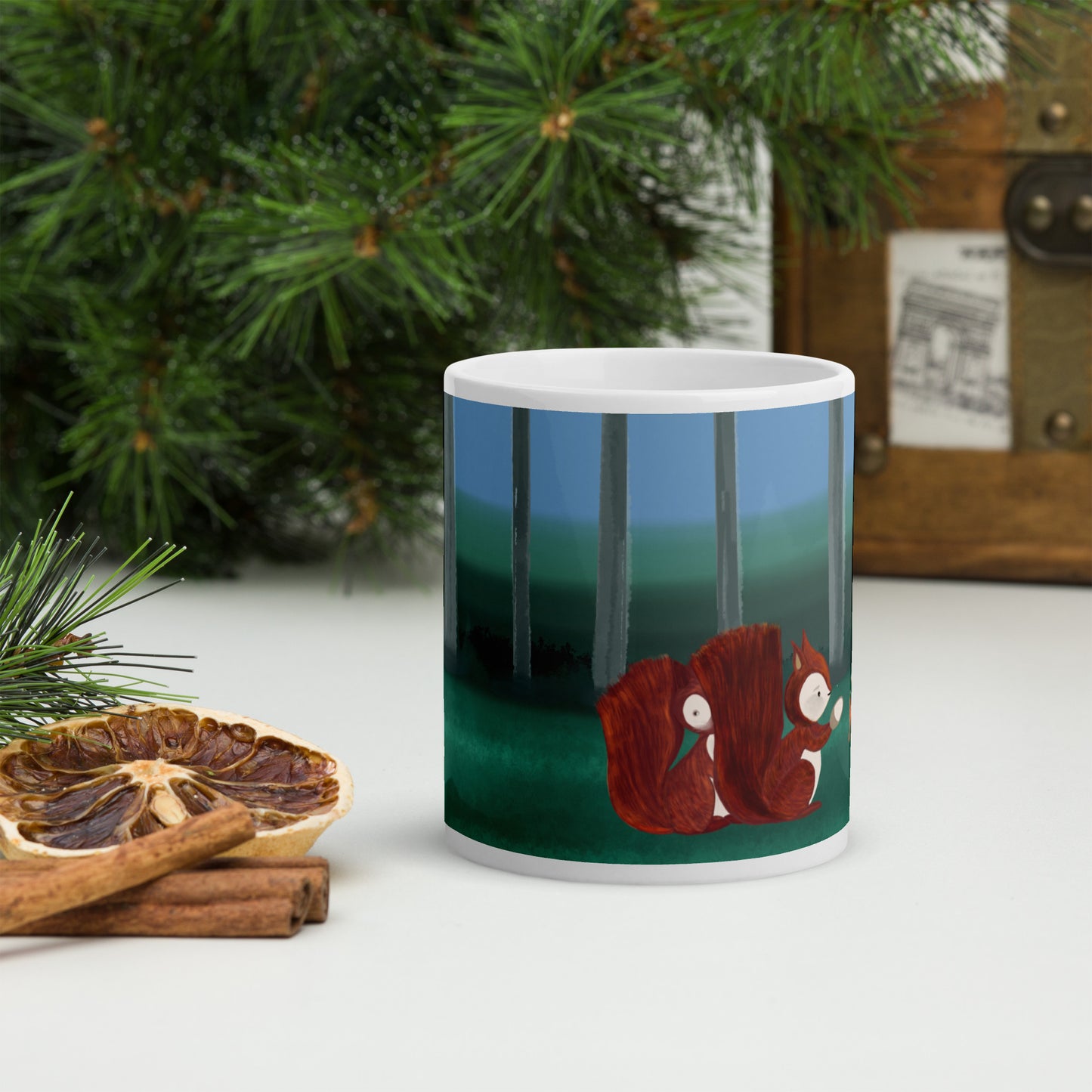 Forest Animals Adventure 1 Ceramic Mug featuring a forest scene with a rabbit and colourful Easter eggs