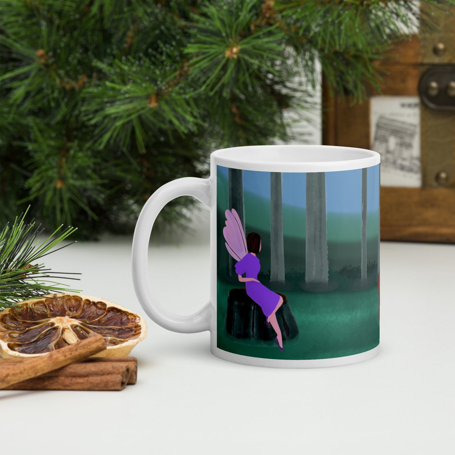 Forest Animals Adventure 1 Ceramic Mug featuring a forest scene with a rabbit and colourful Easter eggs