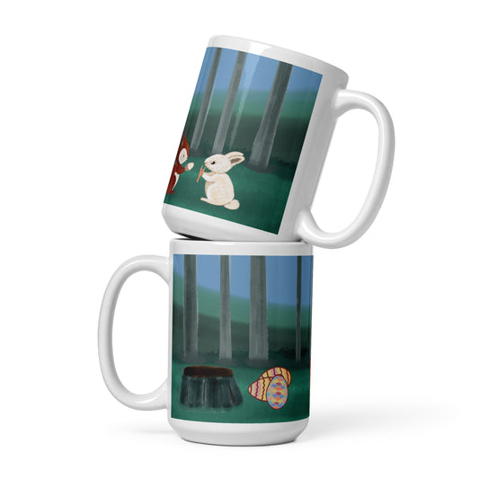 Forest Animals Adventure 2 Ceramic Mug featuring a forest scene with a rabbit and colourful Easter eggs