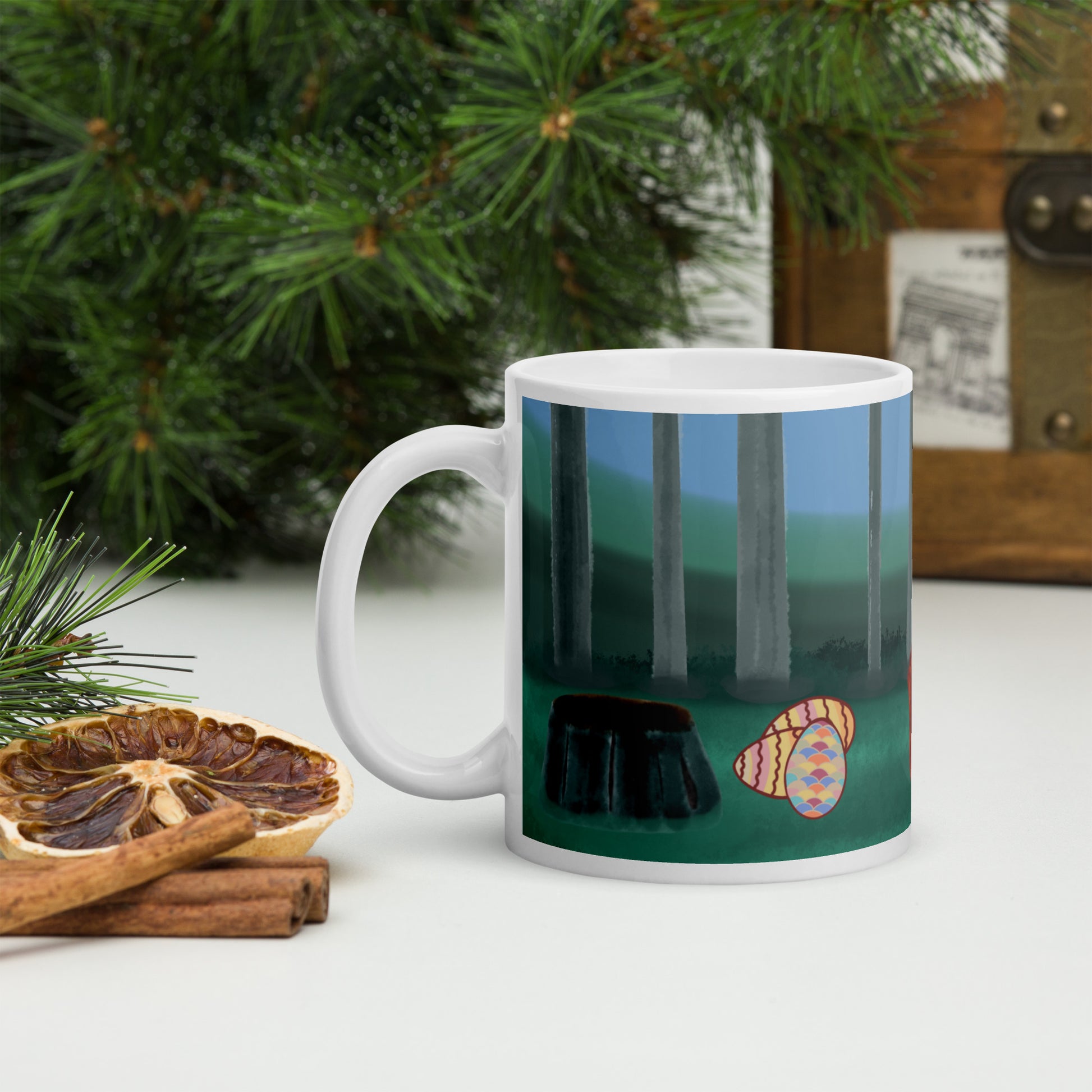 Forest Animals Adventure 2 Ceramic Mug featuring a forest scene with a rabbit and colourful Easter eggs