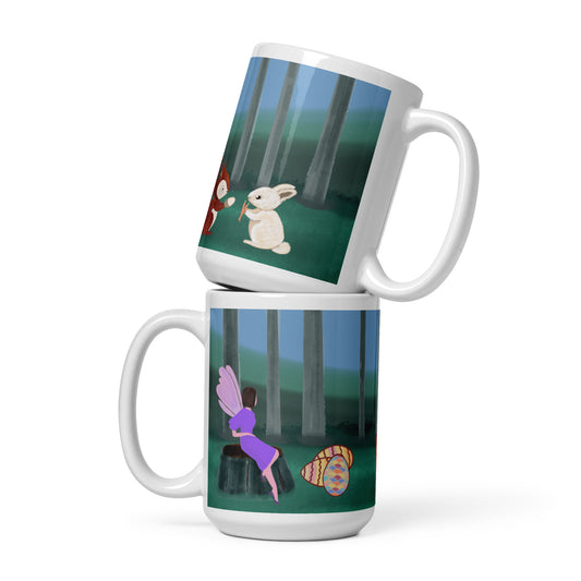 Forest Animals Adventure 3 Ceramic Mug featuring a forest scene with a rabbit and colourful Easter eggs