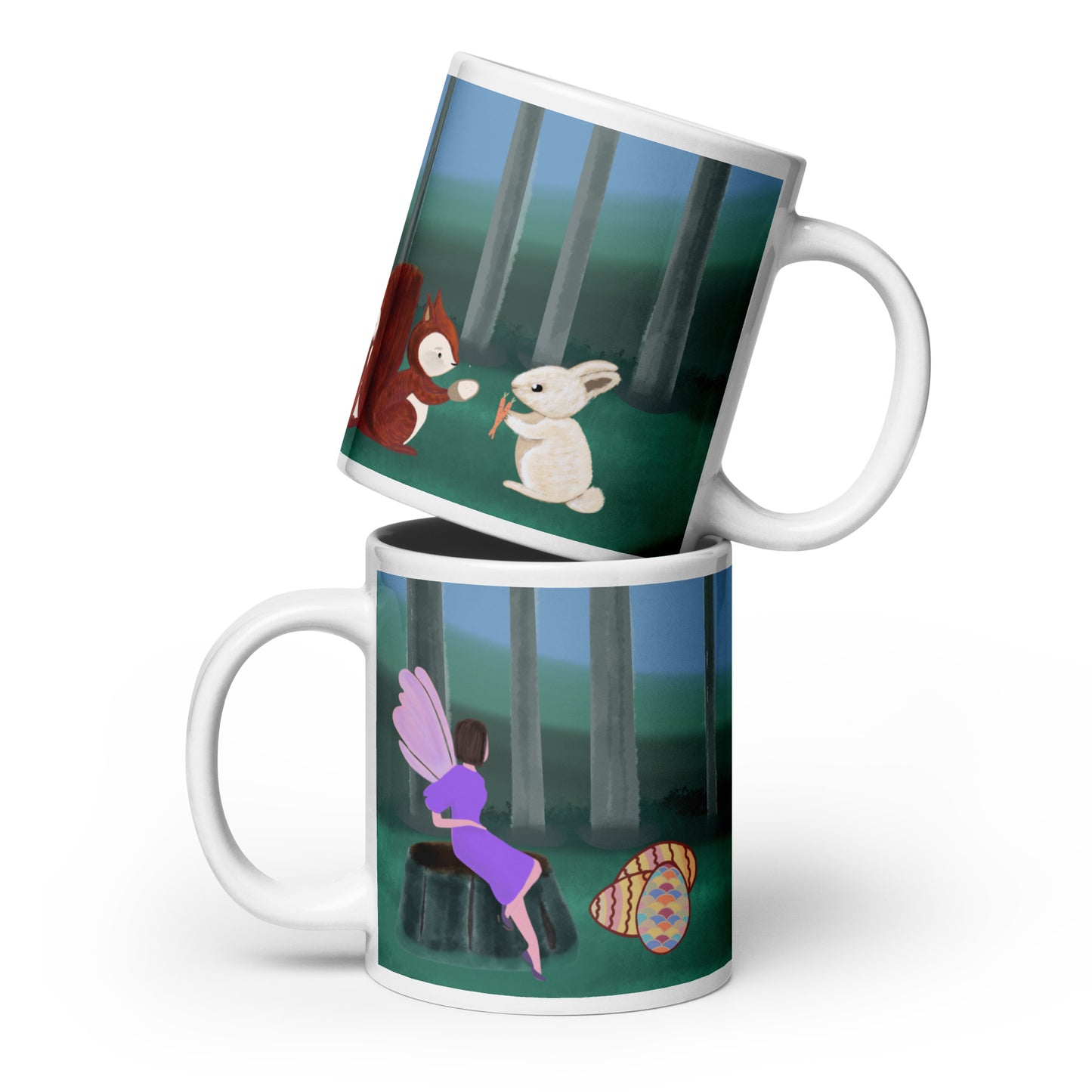 Forest Animals Adventure 3 Ceramic Mug featuring a forest scene with a rabbit and colourful Easter eggs