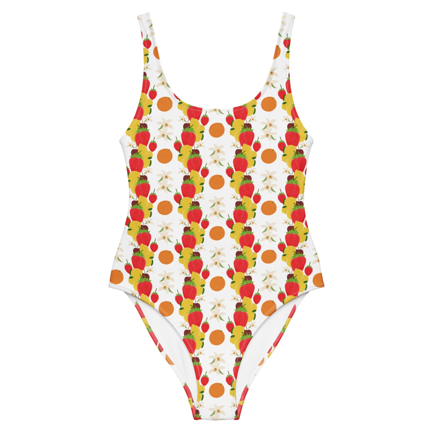 One piece swimsuit with a variety of fruit and some orchids