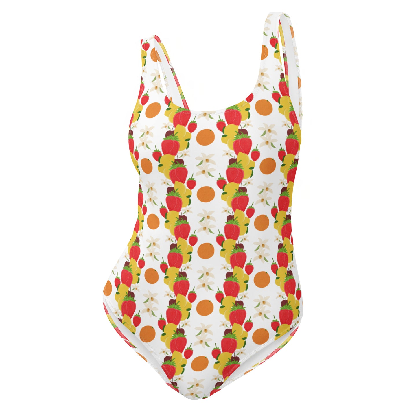 One piece swimsuit with a variety of fruit and some orchids