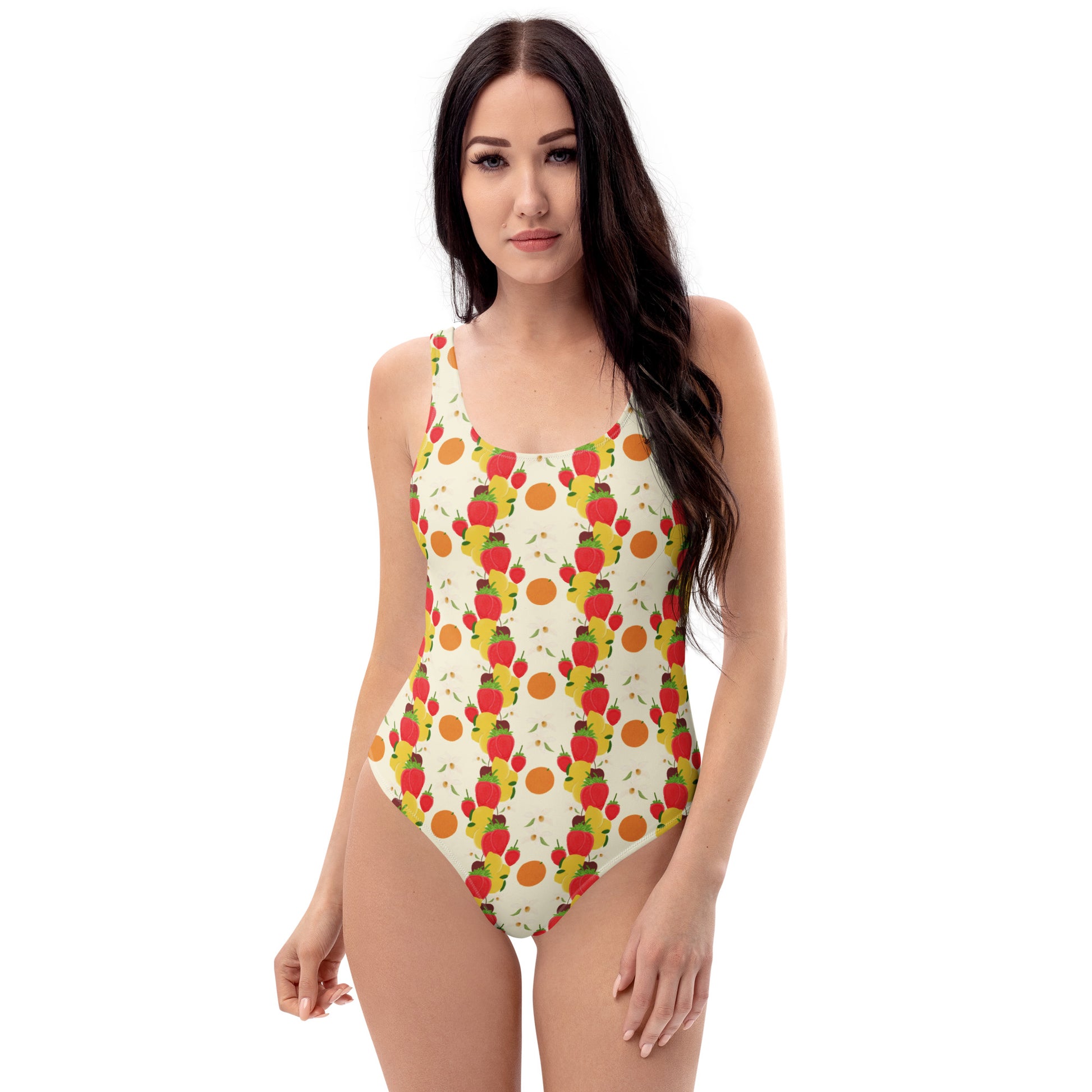 front view of model wearing light yellow fruit cocktail one-piece swimsuit