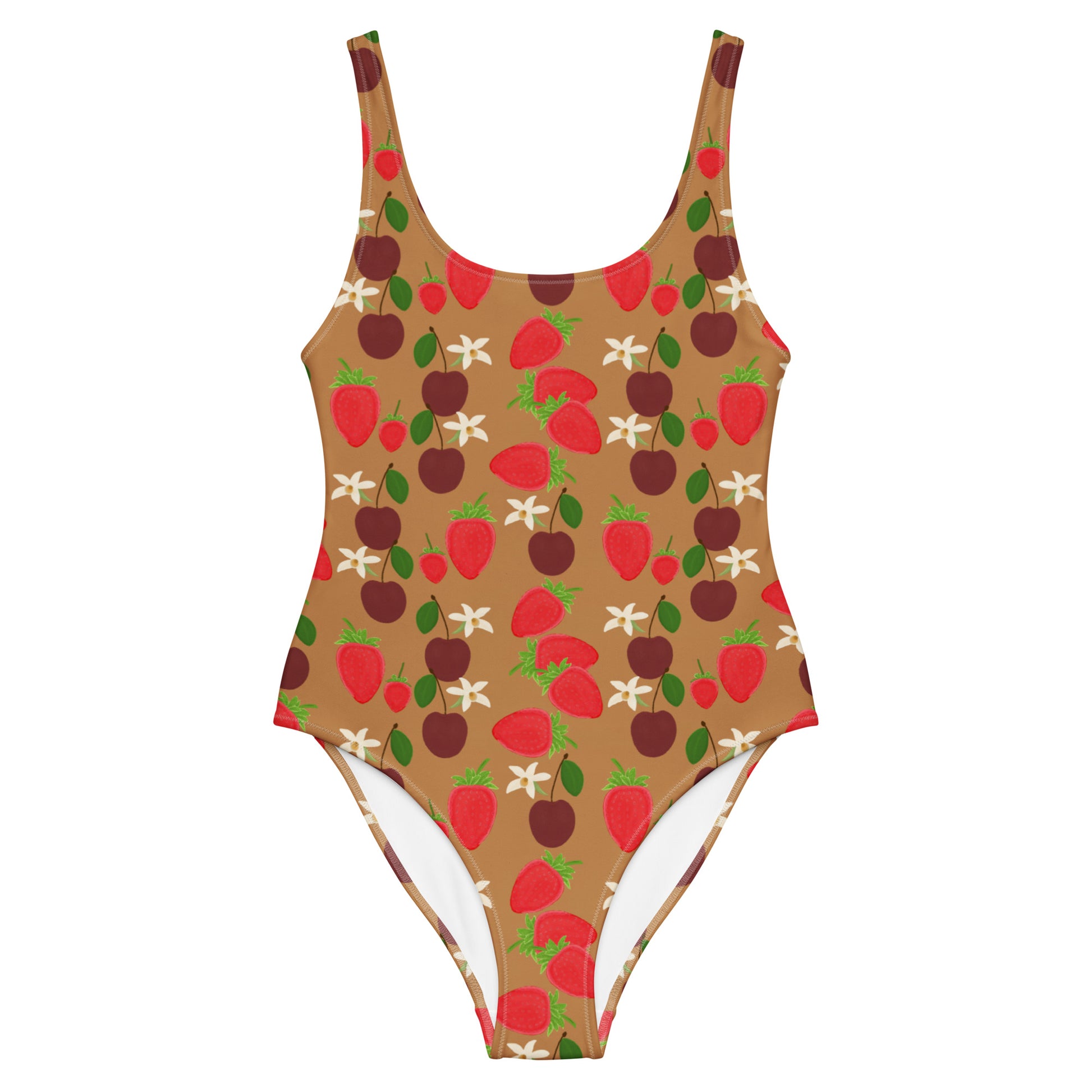 One piece swimsuit with a variety of fruit and some orchids