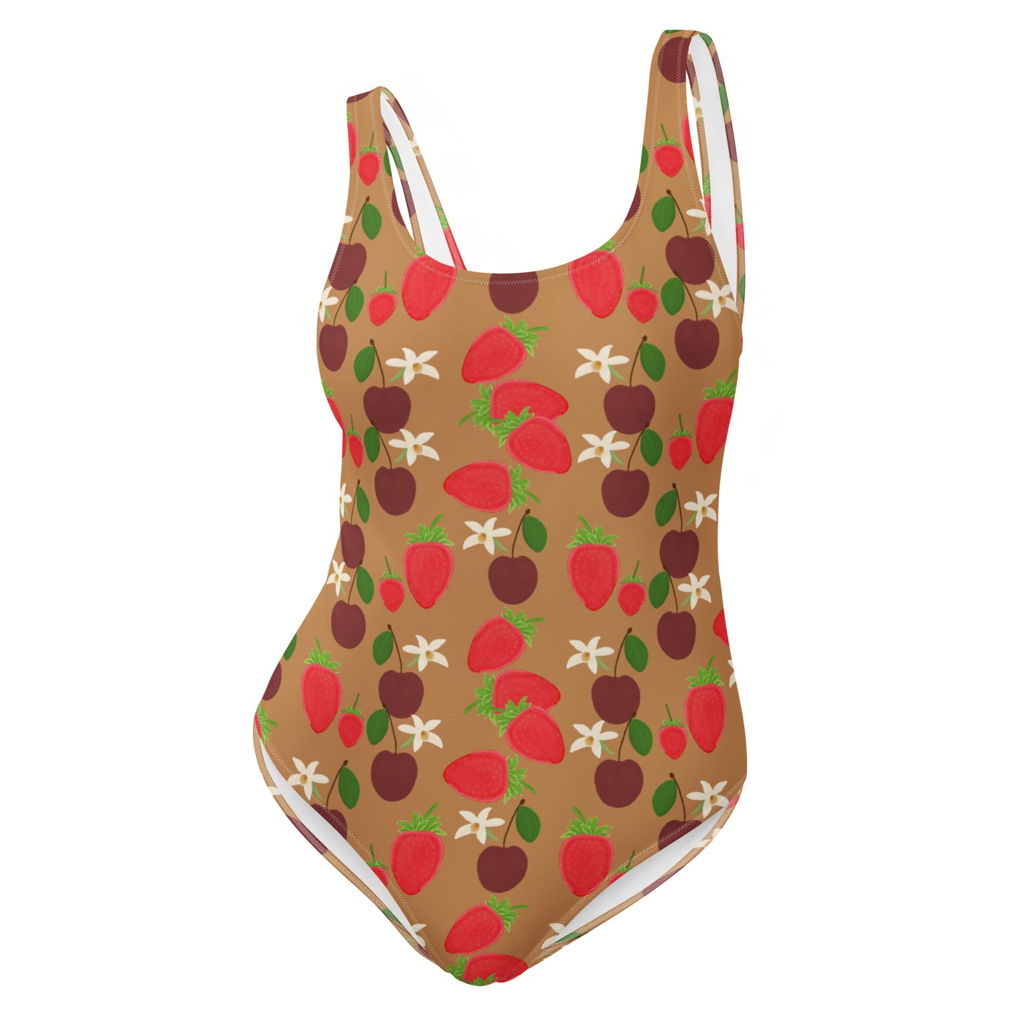 One piece swimsuit with a variety of fruit and some orchids