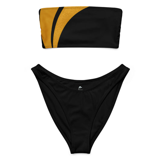 bandeau bikini with golden brown waves on off black