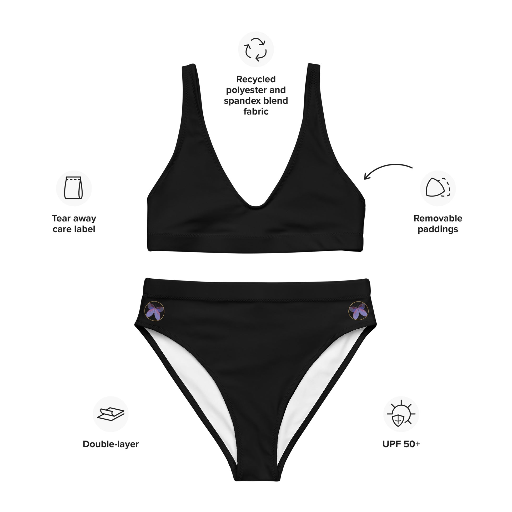 high waisted black bikini with butterflies on the front of the bikini bottom