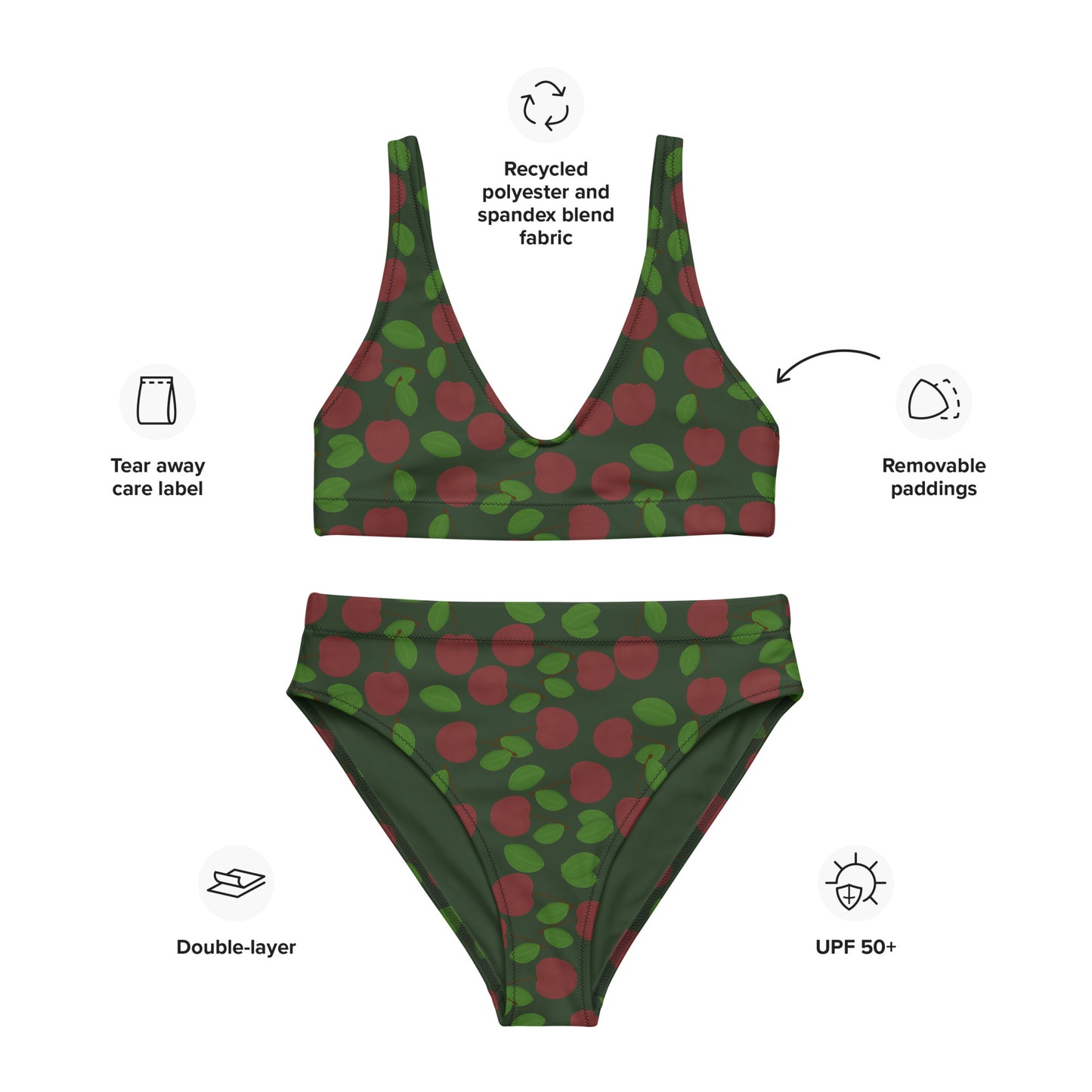 high waisted bikini with cherry on forest green