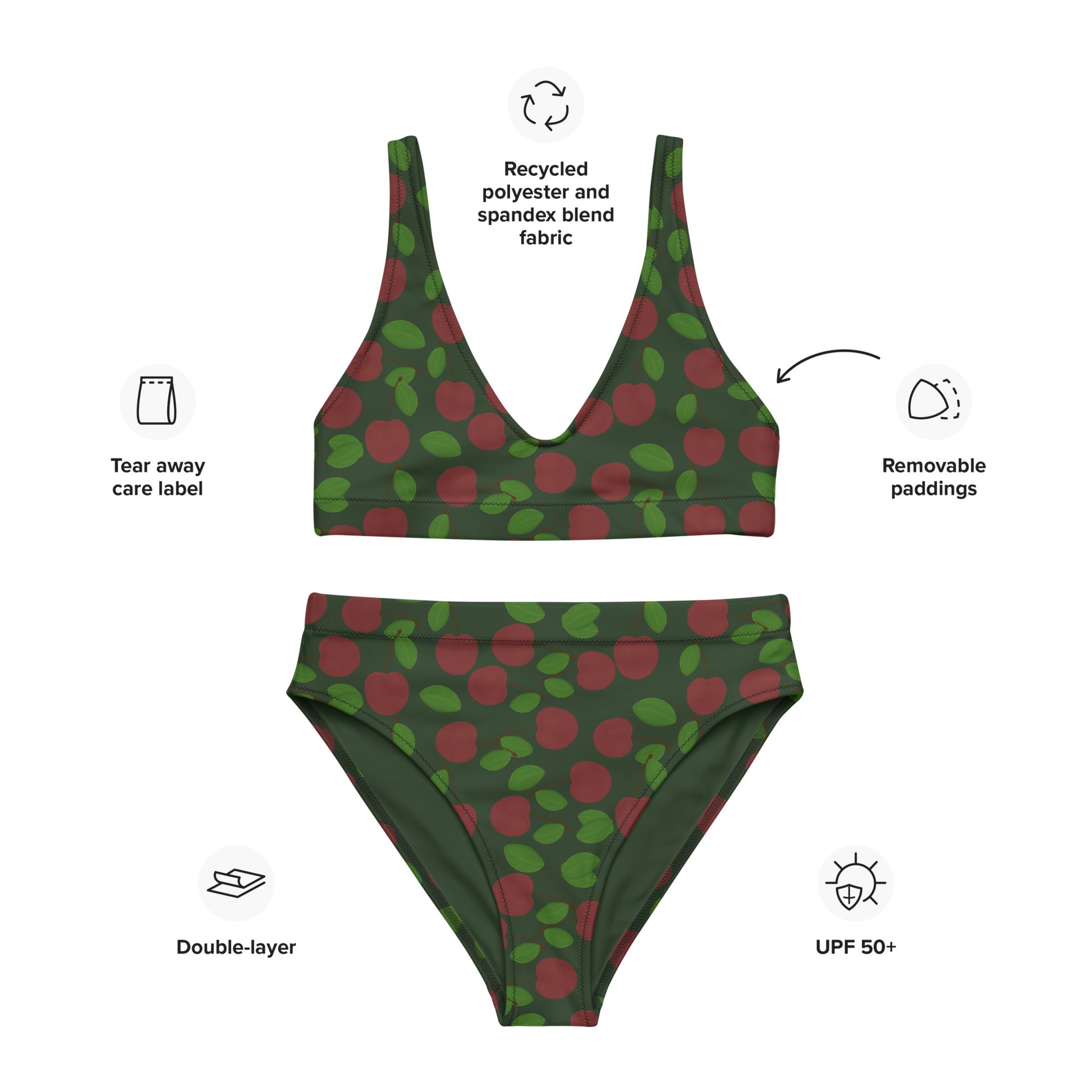 high waisted bikini with cherry on forest green