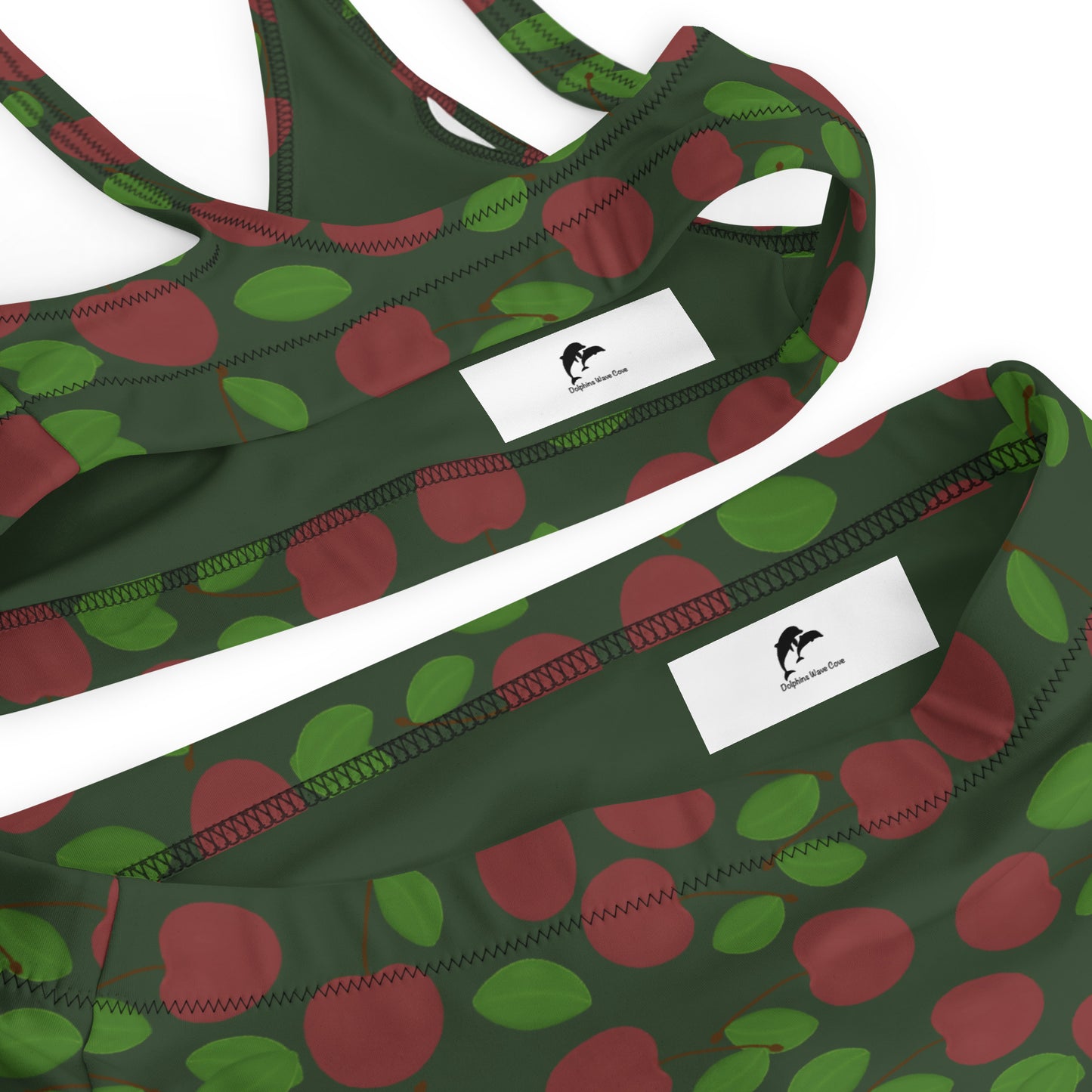 high waisted bikini with cherry on forest green
