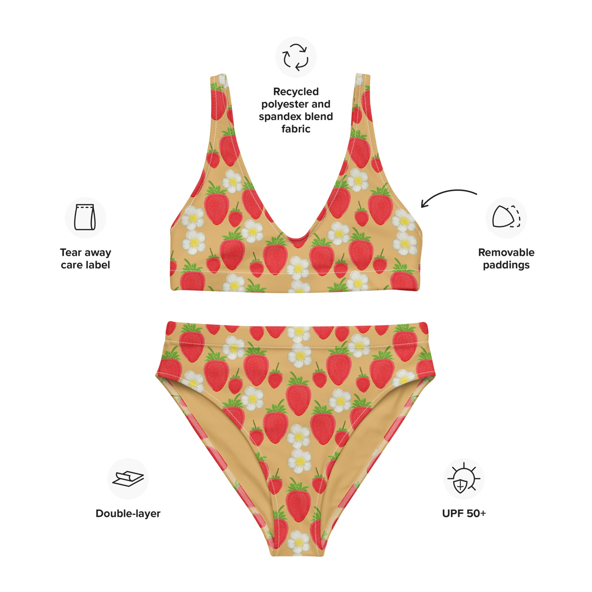 high waisted bikini with strawberry on golden yellow