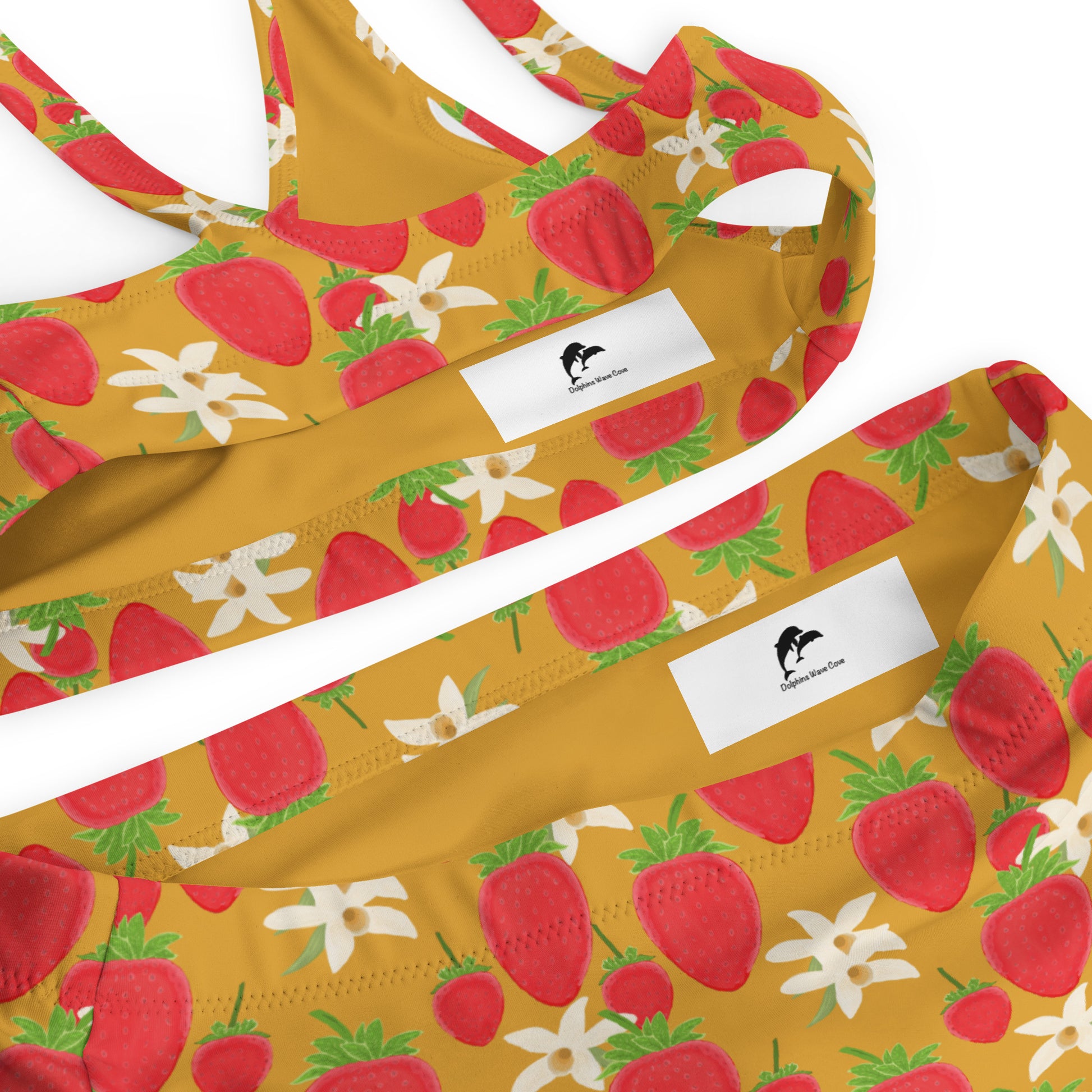 high waisted floral bikini with strawberry and orchids on golden yellow