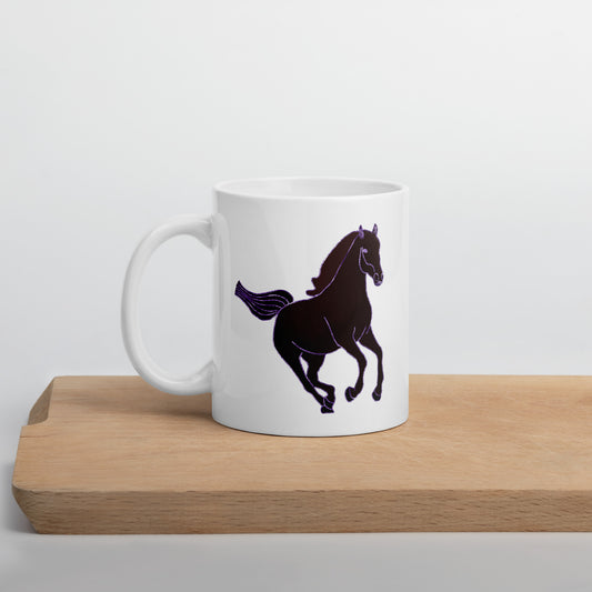 White Horse Coffee Mug with black horse silhouette design on wooden surface