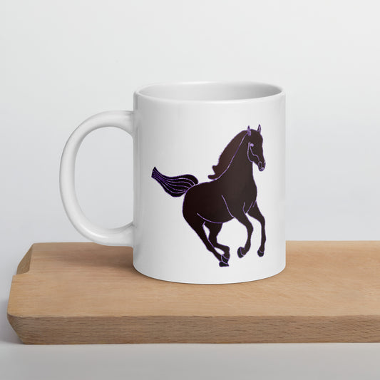 White ceramic Horse Coffee Mug with a black horse design on a wooden surface