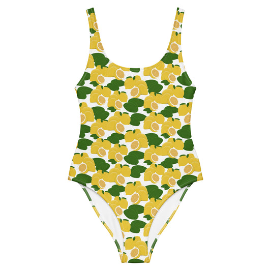 one piece swimsuit with lemons and leaves