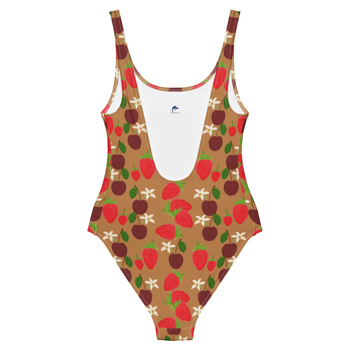 One piece swimsuit with a variety of fruit and some orchids