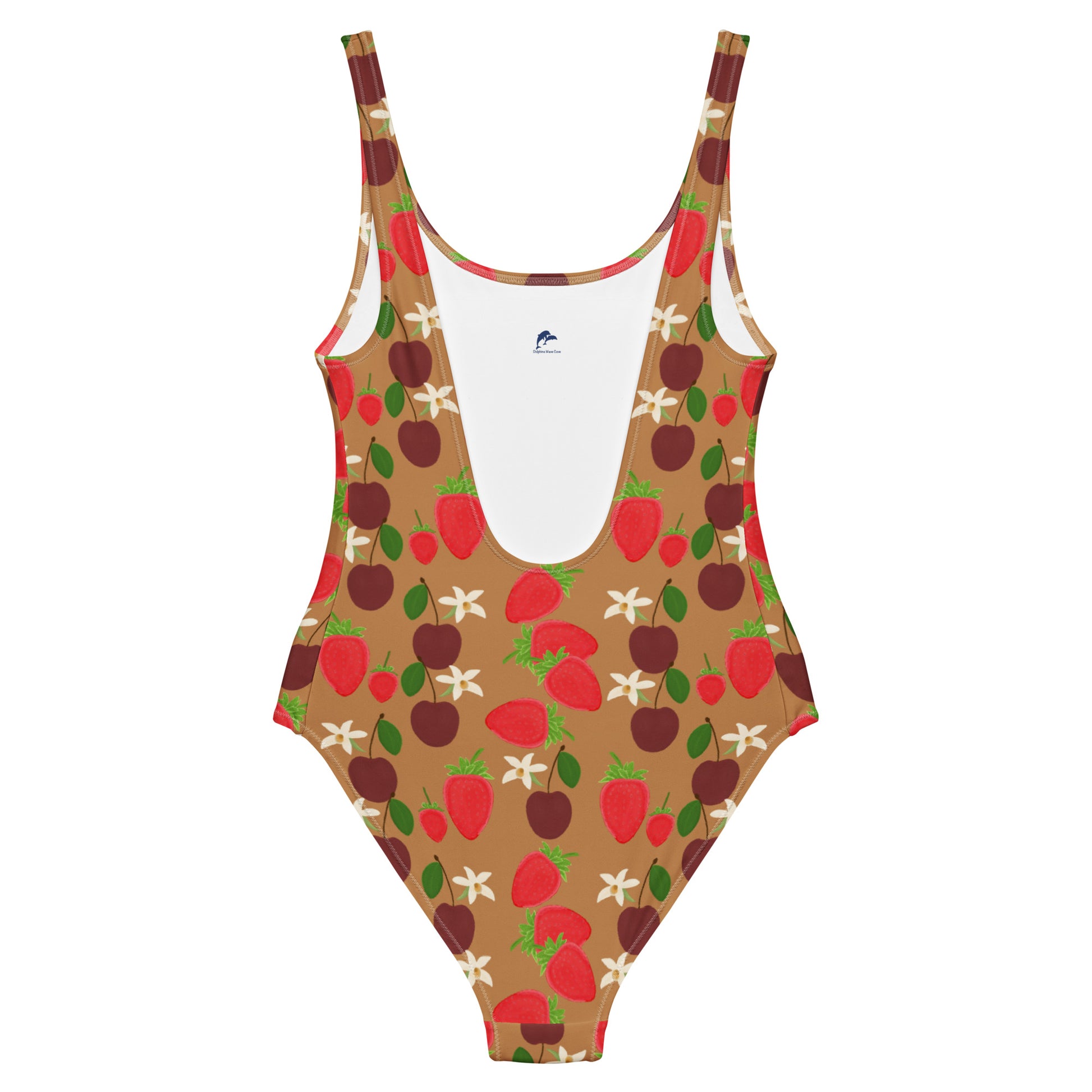 One piece swimsuit with a variety of fruit and some orchids