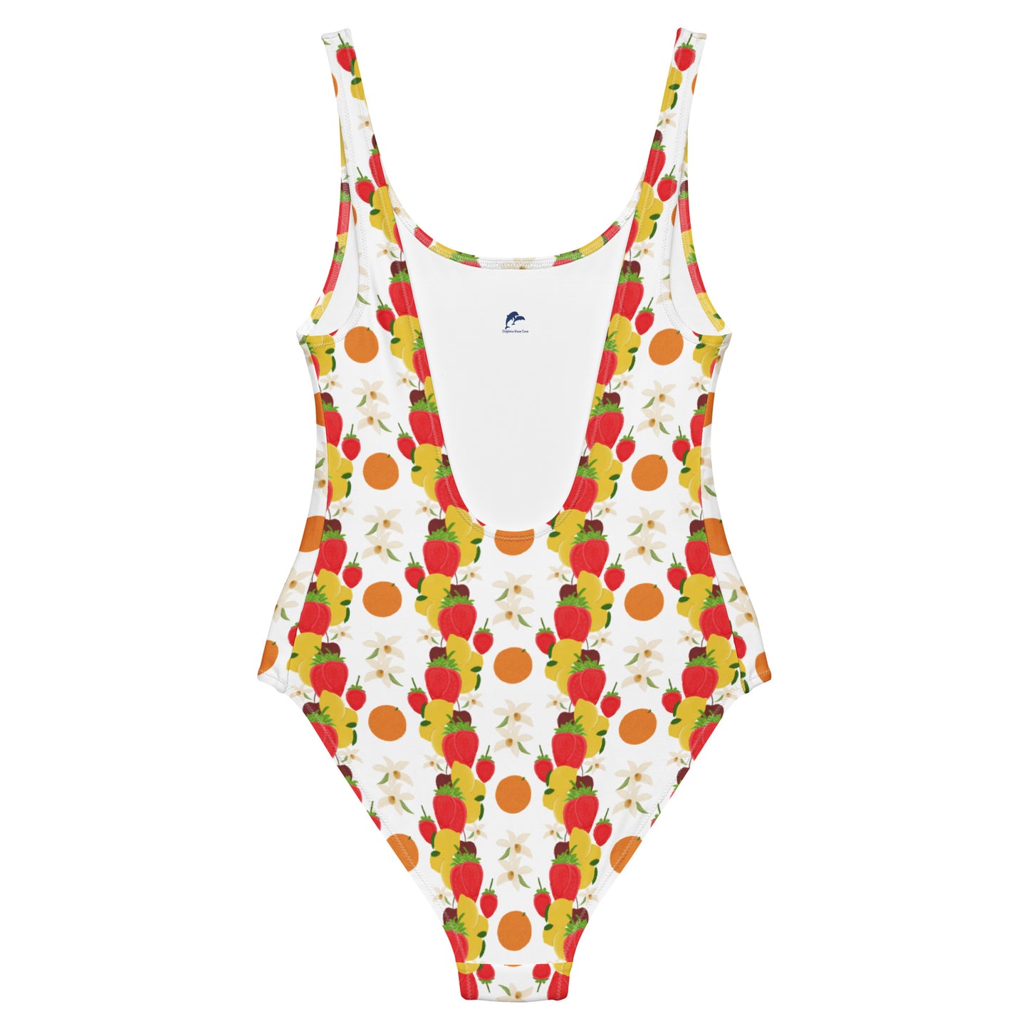 One piece swimsuit with a variety of fruit and some orchids