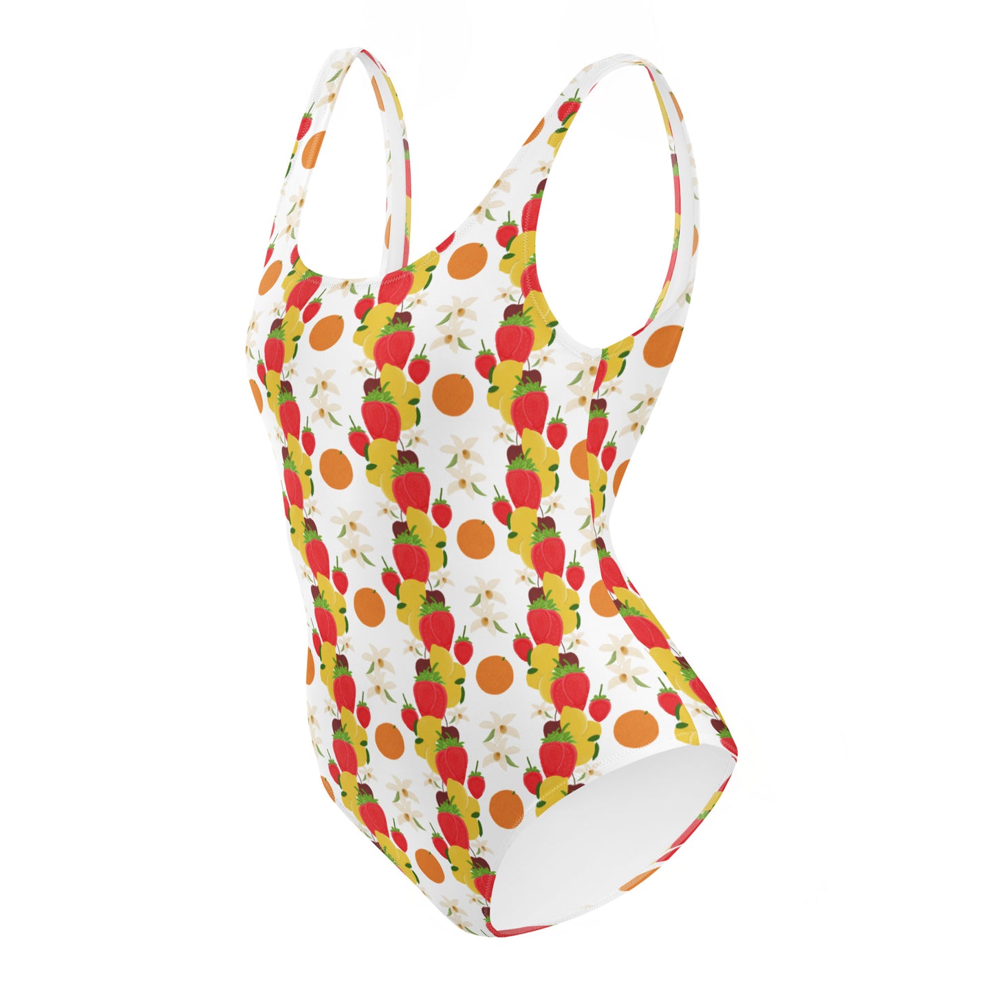 One piece swimsuit with a variety of fruit and some orchids