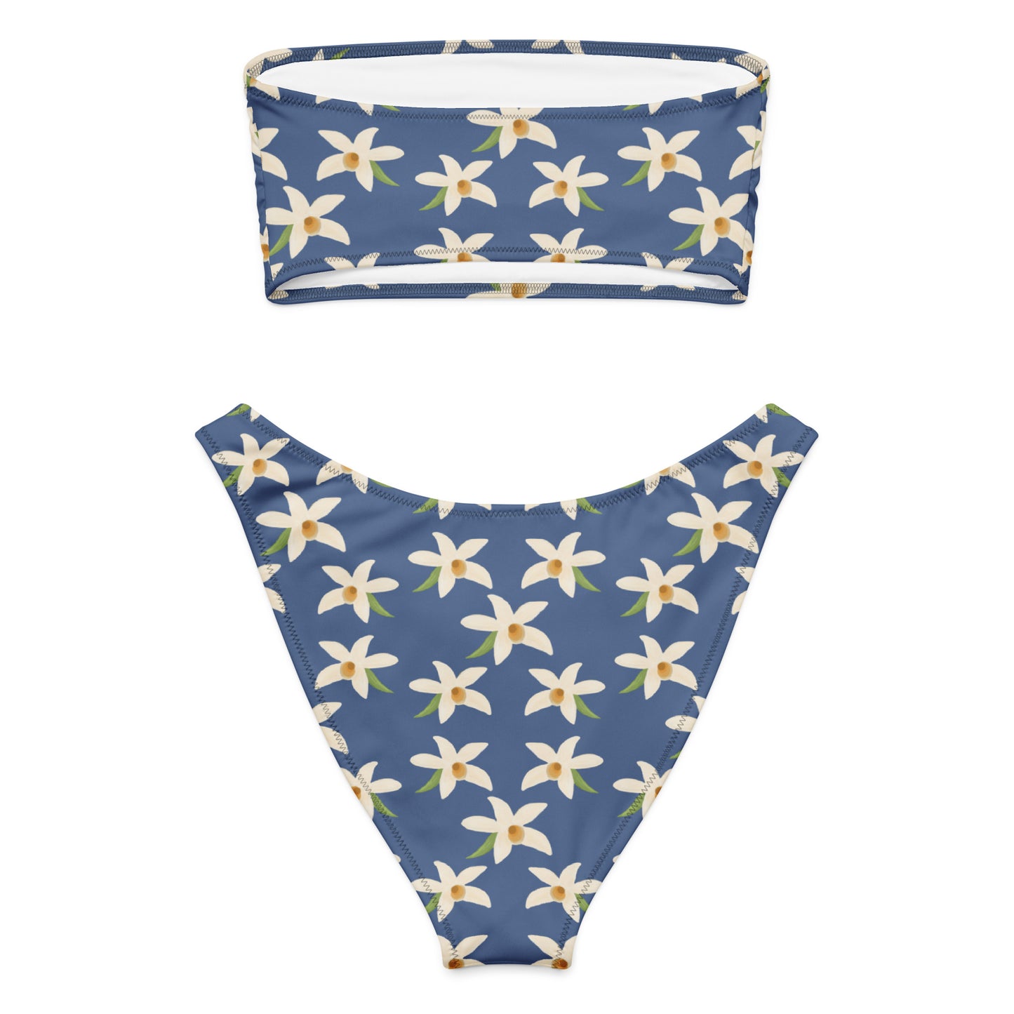 bandeau bikini with orchids on denim blue