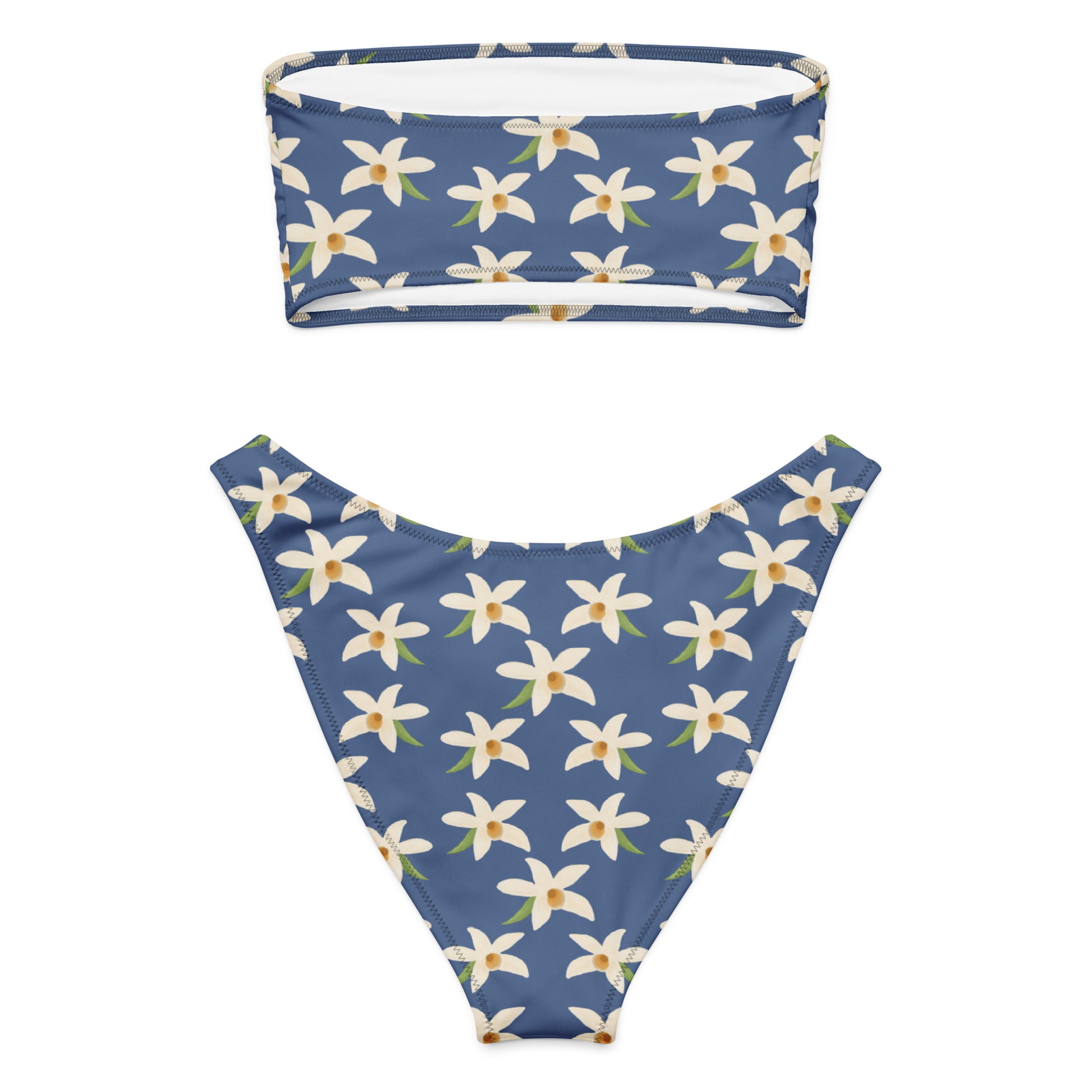 bandeau bikini with orchids on denim blue